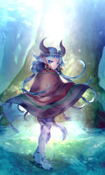 Rule 34 | 1girl, aht, animal ears, backlighting, blue eyes, blue hair, cape, circlet, commentary, earrings, fantasy, furry, furry female, highres, hooves, horns, jewelry, light, long hair, looking at viewer, looking back, radiant historia, smile, solo, sunakumo, tail, tree