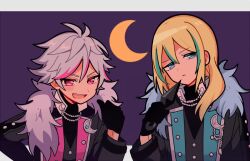 Rule 34 | 2boys, 5.5, :d, black gloves, black jacket, blonde hair, blue eyes, blue hair, commentary request, crescent, feather boa, gloves, grey hair, hair between eyes, hand on own hip, hand up, holding, holding weapon, idol land pripara, jacket, kunai, long hair, long sleeves, looking at viewer, male focus, multicolored hair, multiple boys, ooedo shinya, open mouth, pink eyes, pink hair, pointing, pointing at self, pretty series, pripara, purple background, short hair, smile, streaked hair, upper body, ushimitsu (pripara), weapon