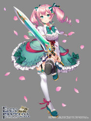 Rule 34 | 1girl, ankle ribbon, asymmetrical legwear, blue eyes, bow, capelet, commentary request, drill hair, eden fantasia, green bow, green skirt, haruyuki 14, highres, holding, holding sword, holding weapon, leg ribbon, long hair, lydia (eden fantasia), official art, petals, pink hair, ribbon, skirt, smile, solo, standing, standing on one leg, sword, twin drills, weapon, white capelet