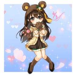 Rule 34 | 1girl, animal ears, animal hands, aqua eyes, artist name, artist request, bare legs, bare shoulders, bear ears, black footwear, black shirt, blue eyes, blush, bow, breasts, brown bow, brown hair, brown jacket, brown legwear, brown sweater, collarbone, female focus, flower, full body, gloves, green pants, green shorts, hair between eyes, heart, highres, jacket, light brown jacket, light brown sweater, long hair, looking at viewer, love live!, love live! nijigasaki high school idol club, love live! school idol festival, love live! school idol festival all stars, osaka shizuku, pants, parted lips, paw gloves, polka dot, polka dot bow, reaching, reaching towards viewer, ribbon, shirt, shoes, short shorts, short sleeves, shorts, sleeveless, sleeveless sweater, smile, solo, sparkle, sweater, white flower, yellow ribbon