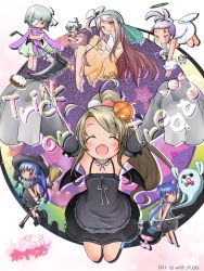 Rule 34 | 6+girls, akino coto, bad id, bad pixiv id, barefoot, blue hair, broom, closed eyes, facing viewer, feet, halloween, hat, highres, jack-o&#039;-lantern, legband, long hair, looking at viewer, multiple girls, open mouth, original, red eyes, see-through, sleeves past wrists, smile, witch hat
