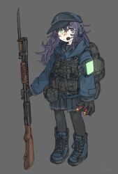 Rule 34 | 1girl, :/, akatsuki (kancolle), alternate costume, ammunition pouch, arm strap, artificial eye, backpack, bag, bayonet, black pantyhose, black sailor collar, black skirt, blue footwear, blue jacket, boots, bullet, closed mouth, commentary request, cross-laced footwear, flat cap, green eyes, grey background, gun, hat, headset, heterochromia, highres, holding, holding bullet, holding gun, holding weapon, hood, hood down, hooded jacket, jacket, kantai collection, knee boots, kuro4221, load bearing vest, long hair, long sleeves, looking at viewer, mechanical eye, pantyhose, pleated skirt, pouch, purple eyes, purple hair, sailor collar, screen, shotgun, shotgun shell, simple background, skirt, solo, standing, tactical clothes, weapon, weapon request