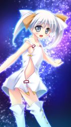 Rule 34 | 10s, 1girl, ass, bare shoulders, blush, dress, earrings, from behind, grey eyes, hair ribbon, jewelry, long hair, miu (c blue), open mouth, ribbon, sleeveless, smile, solo, star (symbol), starry background, strap slip, tama (wixoss), thighhighs, twintails, white dress, white hair, white thighhighs, wixoss