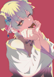Rule 34 | 1boy, androgynous, bad id, bad twitter id, blonde hair, bun cover, chinese clothes, double bun, earrings, forked tongue, hair bun, hands on own cheeks, hands on own face, hands up, inactive account, jewelry, king of prism, kisaragi louis, long sleeves, looking at viewer, male focus, one eye closed, open mouth, pretty rhythm, pretty series, red background, shirt, short hair, smile, solo, tassel, tongue, tongue out, upper body, white shirt, wide sleeves, yellow eyes, zashima