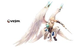Rule 34 | 1boy, arch (king&#039;s raid), arm support, bad id, bad twitter id, blonde hair, blue eyes, company name, detached sleeves, ezu (leejiyu), feathered wings, full body, highres, king&#039;s raid, looking at viewer, male focus, multiple wings, official art, on one knee, pointy ears, polearm, simple background, solo, transparent background, weapon, white wings, wing ornament, wings