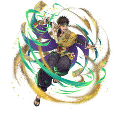 Rule 34 | 1boy, attack, baggy pants, bracelet, bridal gauntlets, brown eyes, brown hair, claude von riegan, claude von riegan (winds offered), fire emblem, fire emblem: three houses, fire emblem heroes, gold cape, headband, holding pinwheel, jewelry, nintendo, official alternate costume, official art, open mouth, pants, pinwheel, sand, single bare shoulder, smile, solo, teeth, white background