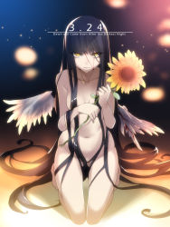 Rule 34 | 1girl, bad id, bad pixiv id, ban! (bansankan), black hair, blood, breasts, censored, convenient censoring, day, flower, frown, highres, holding, kneeling, long hair, looking at viewer, navel, nude, original, small breasts, solo, sunflower, very long hair, wings, yellow eyes