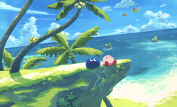 Rule 34 | character request, closed eyes, closed mouth, day, fish, gooey (kirby), highres, kine (kirby), kirby, kirby (series), looking away, nintendo, ocean, outdoors, palm tree, scenery, summer, suyasuyabi, tree