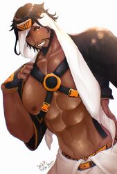 Rule 34 | 1boy, abs, absurdres, arabian clothes, bara, bare pectorals, beard, dark-skinned male, dark skin, dutch angle, facial hair, full beard, grin, highres, kata (o) ware, large pectorals, looking at viewer, male focus, male underwear, male underwear peek, mature male, muscular, muscular male, navel, nipples, one eye closed, pectorals, presenting pectorals, rashid (street fighter), seductive smile, smile, solo, sparse chest hair, stomach, street fighter, street fighter 6, thick eyebrows, underwear