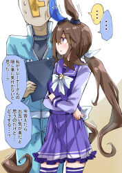 Rule 34 | ..., 1boy, 1girl, admire vega (umamusume), animal ears, blush, commentary request, crossed arms, hair between eyes, hair ornament, horse ears, horse girl, intertwined tails, jacket, looking at another, nodachi (artist), open mouth, ponytail, purple eyes, ribbon, school uniform, simple background, sweatdrop, t-head trainer, thighhighs, tracen school uniform, track jacket, trainer (umamusume), translation request, umamusume