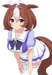 Rule 34 | 1girl, @ @, absurdres, ahoge, animal ears, blush, bow, breasts, brown hair, commentary, cowboy shot, ear ribbon, hair between eyes, highres, horse ears, horse girl, horse tail, large breasts, leaning forward, meisho doto (umamusume), multicolored hair, parted lips, petticoat, pleated skirt, puffy short sleeves, puffy sleeves, purple bow, purple eyes, purple ribbon, purple shirt, ribbon, sailor collar, school uniform, shimosazami, shirt, short hair, short sleeves, simple background, skirt, solo, streaked hair, summer uniform, tail, thighhighs, tracen school uniform, umamusume, white background, white hair, white skirt, white thighhighs