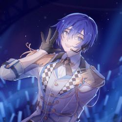 Rule 34 | 1boy, :d, blue eyes, blue hair, blue theme, epaulettes, gloves, hand up, headphones, highres, kaito (vocaloid), linch, male focus, more more jump! kaito, open mouth, project sekai, smile, solo, vocaloid