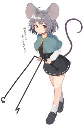 Rule 34 | 1girl, ahoge, animal ears, black footwear, black skirt, blush, capelet, dowsing rod, dress, full body, grey dress, grey hair, grey skirt, grey vest, highres, jewelry, layered clothes, long sleeves, looking at viewer, mamemochi, mouse ears, mouse girl, mouse tail, nazrin, pendant, red eyes, shirt, shoes, short hair, skirt, socks, solo, standing, tail, touhou, translation request, vest, white background, white shirt, white socks
