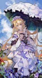 Rule 34 | 1girl, absurdres, arknights, bare shoulders, blonde hair, blue eyes, blue sky, choker, collarbone, commentary request, day, dragon horns, dress, earrings, feet out of frame, flower, gloves, hair flower, hair ornament, highres, holding, holding umbrella, horns, jewelry, layered dress, long hair, looking up, mido (mido chen), off-shoulder dress, off shoulder, official alternate costume, outdoors, parasol, parted lips, pointy ears, purple flower, saileach (appreciate fragrance) (arknights), saileach (arknights), sky, solo, standing, umbrella, very long hair, white choker, white dress, white gloves