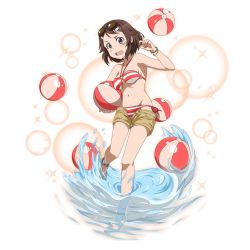 Rule 34 | 1girl, anklet, ball, barefoot, beachball, bikini, black eyes, bracelet, breasts, brown hair, brown shorts, cleavage, collarbone, eyewear on head, feet, full body, halterneck, highres, holding, holding ball, jewelry, leg up, lisbeth (sao), looking at viewer, medium breasts, navel, open clothes, open mouth, open shorts, red bikini, short hair, short shorts, shorts, side-tie bikini bottom, sideboob, simple background, solo, standing, standing on one leg, striped bikini, striped clothes, swimsuit, sword art online, white background