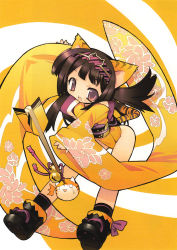 Rule 34 | 1girl, :o, animal ears, animal print, arrow (projectile), bell, blade (galaxist), brown hair, cat ears, cat girl, cat tail, female focus, floral print, highres, japanese clothes, jingle bell, kimono, long hair, long sleeves, official art, purple eyes, sandals, scan, solo, tail, tiger ears, tiger print, tiger tail, toranoana, wide sleeves, yellow theme, yukata