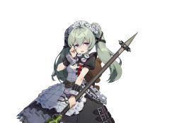 Rule 34 | 1girl, apron, corin wickes, facing viewer, green hair, hair ornament, highres, holding, holding weapon, long hair, looking to the side, maid, maid apron, maid headdress, official art, open mouth, purple eyes, short sleeves, solo, transparent background, twintails, weapon, zenless zone zero