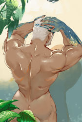 Rule 34 | 1boy, aegir (housamo), aqua hair, ass, bad id, bad twitter id, bara, bathing, beard, commentary request, completely nude, dark-skinned male, dark skin, facial hair, from above, from behind, hands on own head, hinokumo f, leaf, male focus, mature male, multicolored hair, muscular, muscular male, nude, short hair, solo, streaked hair, tokyo houkago summoners, wading, wet, white hair