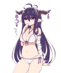 Rule 34 | 10s, 1girl, bandages, bikini, breasts, chan co, cleavage, cowboy shot, danua, draph, front-tie top, granblue fantasy, hair between eyes, hand to own mouth, horn ornament, horns, huge breasts, jewelry, layered bikini, long hair, navel, necklace, pendant, pointy ears, purple eyes, purple hair, side-tie bikini bottom, simple background, solo, swimsuit, white background, white bikini