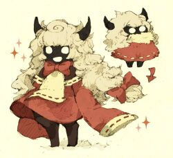 Rule 34 | 1other, barefoot, black skin, bow, bowtie, chibi, colored skin, fur trim, hair bow, horns, long sleeves, maniani, messy hair, multiple views, open mouth, original, red bow, red shirt, ribbon-trimmed sleeves, ribbon trim, shirt, sparkle, white eyes, white hair, yellow background