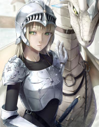 Rule 34 | 1girl, absurdres, armor, blonde hair, bodystocking, breastplate, collarbone, commentary request, dragon, dragon wings, expressionless, gauntlets, green eyes, harness, helmet, highres, knight, koyadofu, original, plate armor, scales, shoulder armor, slit pupils, sword, visor (armor), weapon, wings, yellow eyes