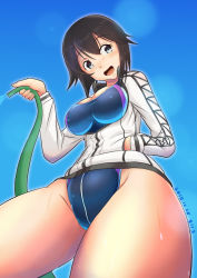 Rule 34 | 1girl, black hair, blue sky, blue one-piece swimsuit, breasts, center opening, cleavage, competition swimsuit, cowboy shot, dated, day, from below, hayasui (kancolle), hose, jacket, kantai collection, large breasts, light particles, long sleeves, looking at viewer, looking down, moke ro, one-piece swimsuit, open clothes, open jacket, open mouth, outdoors, short hair, grey eyes, sky, smile, solo, standing, sweat, swimsuit, swimsuit under clothes, track jacket, twitter username, water, white jacket, zipper