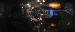 Rule 34 | 1girl, bad id, bad twitter id, black footwear, breasts, car, car interior, computer, diffraction spikes, driving, gear shift, grey hair, headlight, highres, jacket, laptop, light rays, looking at viewer, mirror, mole, mole under eye, motor vehicle, original, radio, red eyes, renatus.z, road, seatbelt, serious, shoes, sitting, sneakers, tail lights