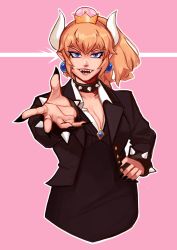 Rule 34 | 1girl, blonde hair, blue eyes, bowsette, bracelet, breasts, business suit, cleavage, crown, fangs, formal, highres, horns, jewelry, large breasts, long hair, looking at viewer, mario (series), new super mario bros. u deluxe, nintendo, open mouth, pointy ears, ponytail, qtori, skirt, skirt suit, solo, spiked bracelet, spikes, standing, suit, super crown