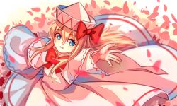 Rule 34 | 1girl, blonde hair, blue eyes, bow, bowtie, capelet, commentary request, cowboy shot, dress, hair between eyes, hat, hat bow, highres, lily white, long hair, looking at viewer, minuo, open mouth, petals, reaching, reaching towards viewer, red bow, red bowtie, sidelocks, smile, solo, touhou, white capelet, white dress, white hat
