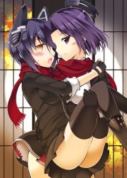 Rule 34 | 2girls, ass, blush, cardigan, carrying, fingerless gloves, gloves, halo, headgear, highres, kantai collection, looking at viewer, mechanical halo, mole, mole under eye, multiple girls, ohta yuichi, open mouth, princess carry, purple eyes, purple hair, scarf, shared clothes, shared scarf, short hair, smile, sweatdrop, tatsuta (kancolle), tenryuu (kancolle), thighhighs, yellow eyes