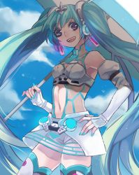 Rule 34 | 1girl, bad id, bad pixiv id, boots, cloud, day, detached sleeves, hand on own hip, hatsune miku, iaki mochiko, long hair, nail polish, navel, open mouth, race queen, racing miku, racing miku (2012), see-through, skirt, sky, solo, thigh boots, thighhighs, twintails, umbrella, very long hair, vocaloid