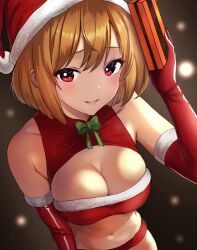 Rule 34 | 1girl, aki minoriko, blonde hair, blush, box, breasts, cleavage, elbow gloves, gift, gift box, gloves, hair between eyes, hat, highres, holding, holding gift, large breasts, navel, open mouth, pom pom (clothes), red eyes, red gloves, red hat, santa costume, santa hat, seina akitani, short hair, smile, solo, touhou, upper body