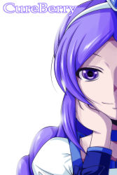 Rule 34 | 00s, 1girl, aono miki, bloom, blue eyes, blue hair, character name, choker, cure berry, fresh precure!, head rest, highres, long hair, magical girl, matching hair/eyes, nishi koutarou, out of frame, portrait, precure, simple background, smile, solo, upper body, white background