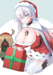 Rule 34 | 1girl, absurdres, akitokage, alternate breast size, alternate costume, anastasia (fate), blue eyes, blue nails, breasts, cleavage, detached sleeves, dress, fate/grand order, fate (series), fur-trimmed dress, fur trim, hair over one eye, hat, highres, huge breasts, jewelry, kneeling, long hair, nail polish, necklace, red dress, red headwear, santa dress, santa hat, short dress, silver hair, smile, thighhighs, viy (fate), white thighhighs