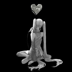 Rule 34 | 1girl, arm at side, back slit, bare shoulders, black background, boots, broken heart, cable, collared shirt, commentary, detached sleeves, english commentary, facing away, from behind, full body, greyscale, hair flowing over, hair over shoulder, hand up, hatsune miku, heart, highres, holding, holding microphone, kyotyan, limited palette, long hair, microphone, minimalism, monochrome, nape, on floor, pleated skirt, shards, shirt, shoe soles, sidelighting, simple background, sitting, skindentation, skirt, sleeveless, sleeveless shirt, solo, straight hair, thigh boots, thighhighs, twintails, unknown mother goose (vocaloid), very long hair, vocaloid, wariza, wowaka, zettai ryouiki