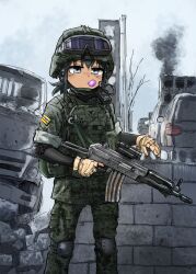 Rule 34 | 1girl, absurdres, arm support, assault rifle, body armor, brick wall, bulletproof vest, chewing gum, commentary request, flag, goggles, green hair, gun, helmet, highres, holding, holding gun, holding weapon, korean commentary, motor vehicle, original, rifle, scope, tactical clothes, van, weapon, yihan1949, yihan world