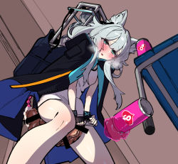 Rule 34 | 1futa, animal ear fluff, animal ears, arknights, bar censor, black gloves, blush, can, cat ears, censored, coat, coat on shoulders, commentary request, cum, dress, fingerless gloves, foreskin, from below, futanari, gloves, green eyes, grey hair, highres, huge penis, long hair, mirin chikuwa, parted lips, penis, phimosis, rosmontis (arknights), sex toy, solo, table, urethral beads, urethral insertion, veins, veiny penis, white dress