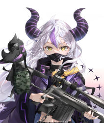 Rule 34 | 1girl, ahoge, braid, crow (la+ darknesss), demon horns, gun, highres, holding, holding gun, holding weapon, hololive, horns, iotan twi, jacket, la+ darknesss, long hair, looking at viewer, mask, midriff, mouth mask, multicolored hair, navel, open clothes, open jacket, purple hair, purple jacket, rifle, simple background, sniper rifle, solo, streaked hair, virtual youtuber, weapon, white hair, yellow eyes