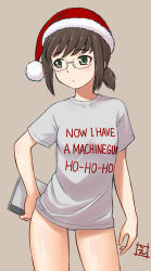 Rule 34 | 1girl, alternate costume, bespectacled, breasts, christmas, clothes writing, die hard, ebifly, fubuki (kancolle), glasses, green eyes, hat, highres, holding, kantai collection, low ponytail, panties, ponytail, santa hat, shirt, short ponytail, short sleeves, signature, simple background, small breasts, solo, t-shirt, underwear, white panties, white shirt