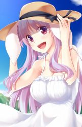 Rule 34 | 1girl, :d, alternate costume, animal ears, bare arms, bare shoulders, black ribbon, blue sky, blush, breasts, brown hat, cleavage, cloud, collarbone, commentary request, day, dress, frilled dress, frills, hand on headwear, hands up, hat, hat ribbon, head tilt, highres, hill, hisae (hisae collect), large breasts, long hair, looking at viewer, open mouth, outdoors, pink hair, pink lips, rabbit ears, red eyes, reisen udongein inaba, ribbon, sidelocks, sky, smile, solo, spaghetti strap, touhou, upper body, very long hair, white dress