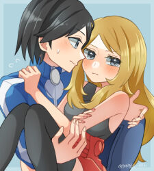 Rule 34 | 1boy, 1girl, bare arms, bare shoulders, black hair, black shirt, black thighhighs, blonde hair, blue background, blue jacket, blush, breasts, calem (pokemon), carrying, carrying person, closed mouth, commentary, creatures (company), eyelashes, game freak, grey eyes, hand on another&#039;s shoulder, jacket, long hair, long sleeves, looking at another, looking to the side, medium breasts, nintendo, pokemon, pokemon xy, princess carry, rain (tonight 862), red skirt, serena (pokemon), shirt, skirt, sleeveless, sleeveless shirt, sweatdrop, tearing up, tears, thighhighs, turtleneck, turtleneck jacket, twitter username, zipper