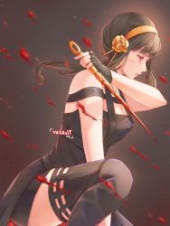 Rule 34 | 1girl, bare arms, black dress, black gloves, black thighhighs, breasts, brown hair, cleavage, dress, fingerless gloves, flower, from side, gloves, grey background, hair flower, hair ornament, hairband, highres, holding, holding weapon, medium breasts, on one knee, parted lips, profile, red eyes, rose, short dress, short hair with long locks, sidelocks, sleeveless, sleeveless dress, solo, spy x family, thighhighs, waist cape, weapon, yashiiit69, yellow flower, yellow hairband, yellow rose, yor briar, zettai ryouiki