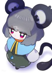 Rule 34 | 1girl, animal ears, black footwear, blush, capelet, chibi, dotaku (wran8845), from above, grey hair, highres, jitome, long sleeves, looking at viewer, mouse ears, mouse tail, nazrin, perspective, red eyes, shadow, short hair, simple background, skirt, solo, tail, touhou, white background