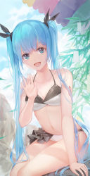 Rule 34 | 1girl, absurdres, aqua eyes, bamboo, bikini, black bow, blue hair, bow, commentary, cowboy shot, day, frilled bikini, frills, hair bow, hand up, hatsune miku, highres, leaf, looking at viewer, navel, open mouth, outdoors, parasol, r/h, shoulder tattoo, sitting, smile, swimsuit, tanzaku, tattoo, twintails, two-tone bikini, umbrella, vocaloid, waving