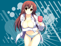 Rule 34 | 1girl, breasts, brown eyes, brown hair, cleavage, coffee, female focus, highres, large breasts, long hair, looking at viewer, morning, naked shirt, navel, no bra, open clothes, open shirt, original, panties, shirt, signature, smile, solo, striped clothes, striped panties, tomose shunsaku, underwear