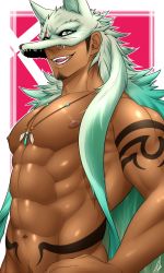 Rule 34 | 1boy, abs, arm tattoo, bara, biceps, black hair, dark-skinned male, dark skin, facial hair, fangs, green eyes, hand on own hip, highres, ig1119, jewelry, large pectorals, long sideburns, looking at viewer, male focus, manly, mature male, muscular, muscular male, navel, navel hair, necklace, nipples, open mouth, original, pectorals, sideburns, smile, solo, stomach tattoo, stubble, tattoo, topless male, tusks, wolf mask