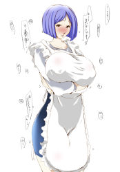 Rule 34 | 1girl, apron, blouse, blue hair, blush, breast hold, breasts, brown eyes, collarbone, covered erect nipples, female focus, housewife, huge breasts, mature female, miniskirt, original, shirt, short hair, simple background, skirt, solo, standing, translation request, white background, yuumin