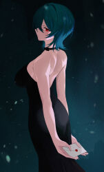 Rule 34 | 1girl, absurdres, ass, backless dress, backless outfit, bare shoulders, black choker, black dress, blue hair, breasts, choker, dress, envelope, from side, frown, furai sen, hair between eyes, highres, holding, holding envelope, large breasts, looking to the side, making-of available, original, red eyes, short hair, sideboob, solo, strapless, strapless dress