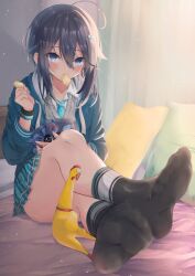 Rule 34 | 1girl, ahoge, bad id, bad pixiv id, bag, bag of chips, black hair, black socks, blue eyes, blue jacket, blue necktie, blue skirt, chips (food), collared shirt, crossed legs, drawstring, feet, food, food in mouth, foreshortening, hair between eyes, hair ornament, highres, holding, holding bag, hood, hood down, hooded jacket, jacket, long hair, looking at viewer, mouth hold, necktie, nijisanji, no shoes, on bed, open clothes, open jacket, pillow, plaid, plaid skirt, pleated skirt, potato chips, rubber chicken, shirt, sidelocks, sitting, skirt, socks, soles, solo, sorahoshi kirame, sweater vest, virtual youtuber, white shirt, yuzuzukushi