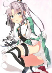 Rule 34 | 1girl, akitsushima (kancolle), anchor, ass, beritabo, blush, breasts, clothes lift, commentary request, gloves, green skirt, grey hair, hat, jacket, kantai collection, lifted by self, long hair, long sleeves, looking at viewer, medium breasts, mini hat, panties, parted lips, pleated skirt, polka dot, polka dot panties, ribbon, ribbon-trimmed skirt, ribbon trim, rudder footwear, shoes, skirt, skirt lift, solo, thighhighs, tilted headwear, twintails, underwear, very long hair, white footwear, white gloves, white jacket, white panties, white ribbon, white thighhighs